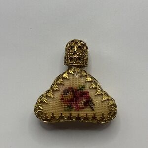 Vtg Miniature Petit Point Floral Embroidered‎ Gold Tone Bottle Brooch Mini